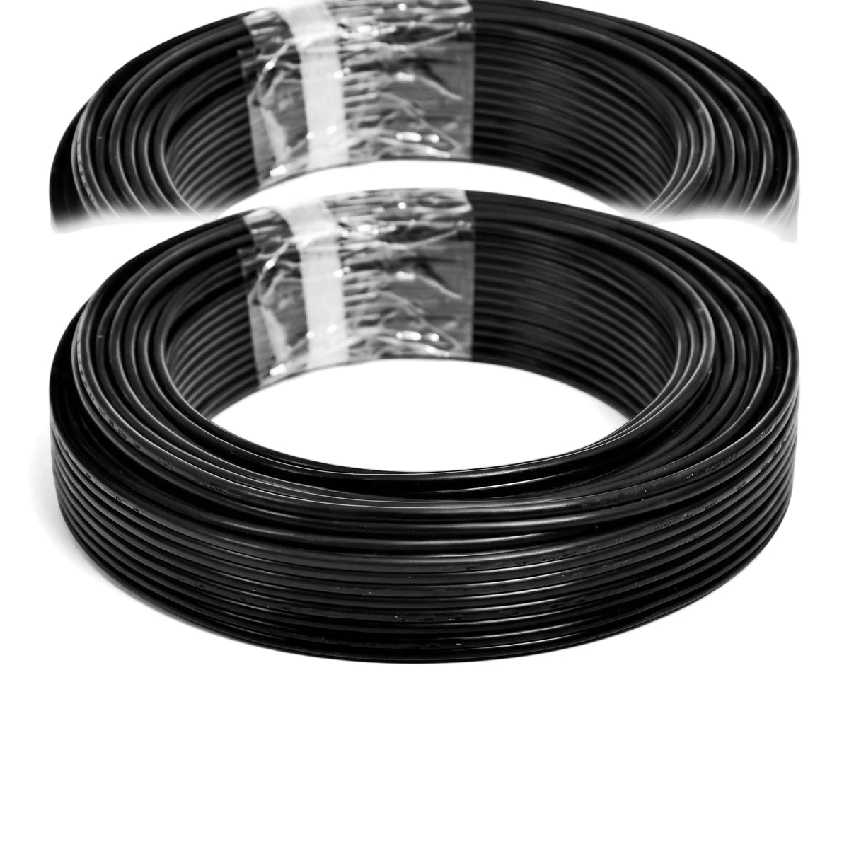 Coiled black 0.5mm audio cable, 20M electrical wire, wrapped in clear plastic, presented on a white background.