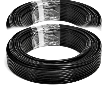 Coiled black 0.5mm audio cable, 20M electrical wire, wrapped in clear plastic, presented on a white background.