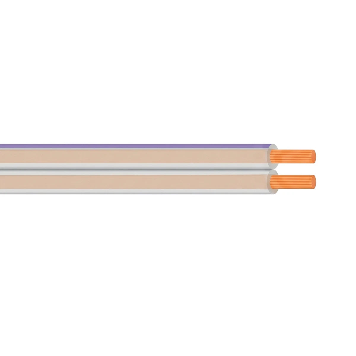 Two parallel 0.5mm clear insulated audio cables with visible copper conductors, featuring a subtle purple stripe on the top
