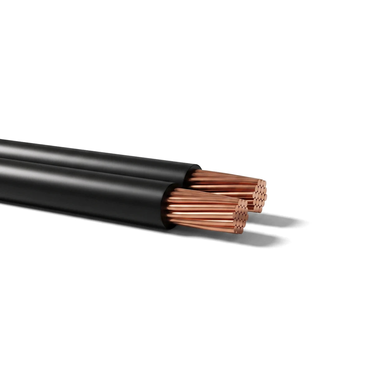 Two black 0.5mm audio electrical cables with exposed copper wire ends, suitable for wiring and connections, presented