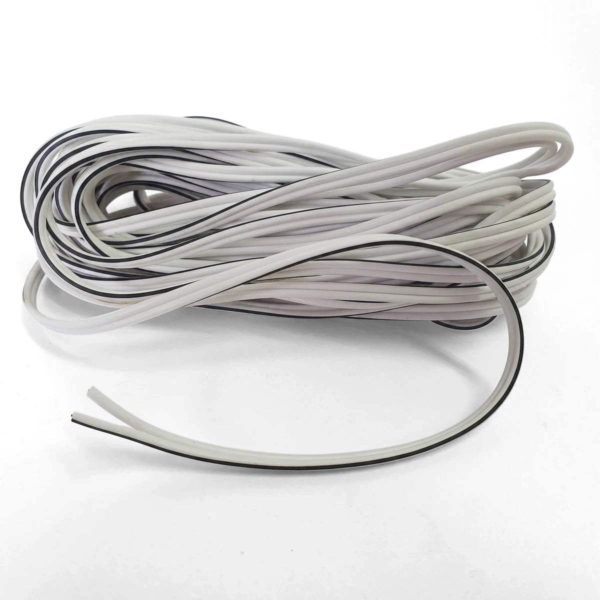 Coiled 0.5mm white audio cable with black accents, featuring electrical wires for various applications. Product shot on a
