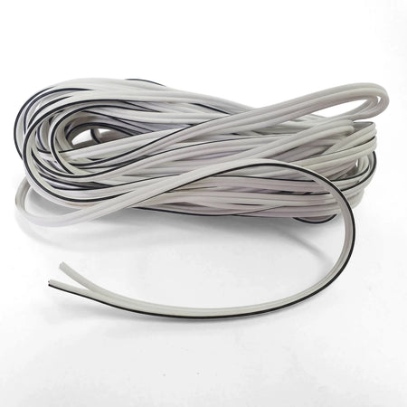 Coiled 0.5mm white audio cable with black accents, featuring electrical wires for various applications. Product shot on a