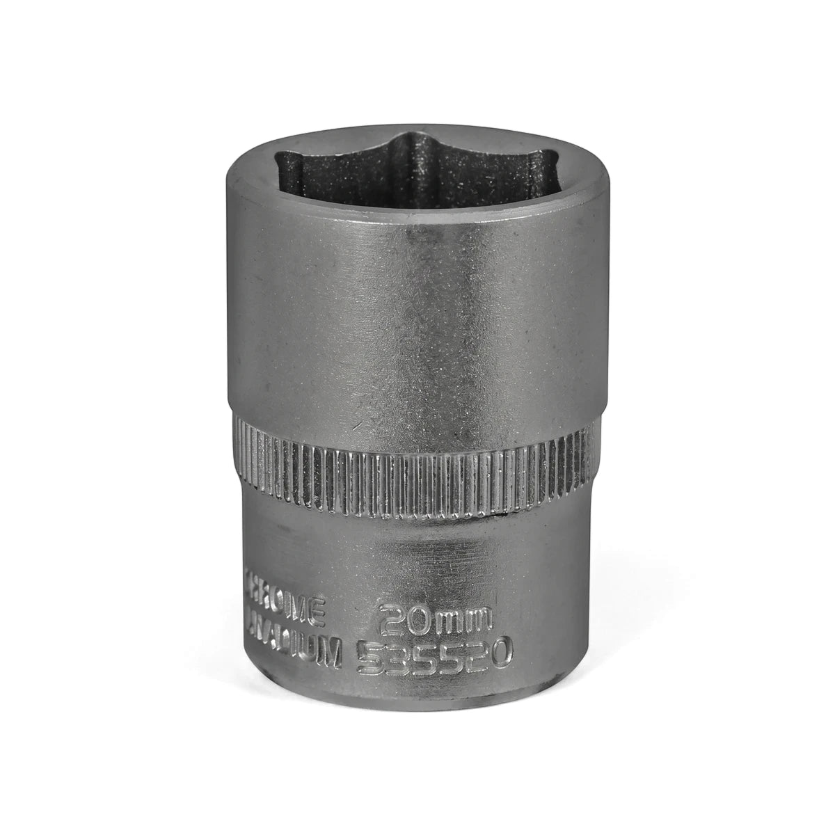 A 1/2-inch drive 20mm 6-point hex socket, made of chrome vanadium, stands upright against a white background.
