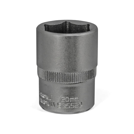 A 1/2-inch drive 20mm 6-point hex socket, made of chrome vanadium, stands upright against a white background.