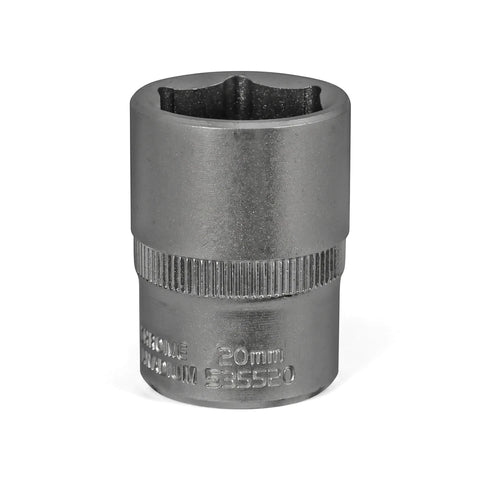 A 1/2-inch drive 20mm 6-point hex socket, made of chrome vanadium, stands upright against a white background.