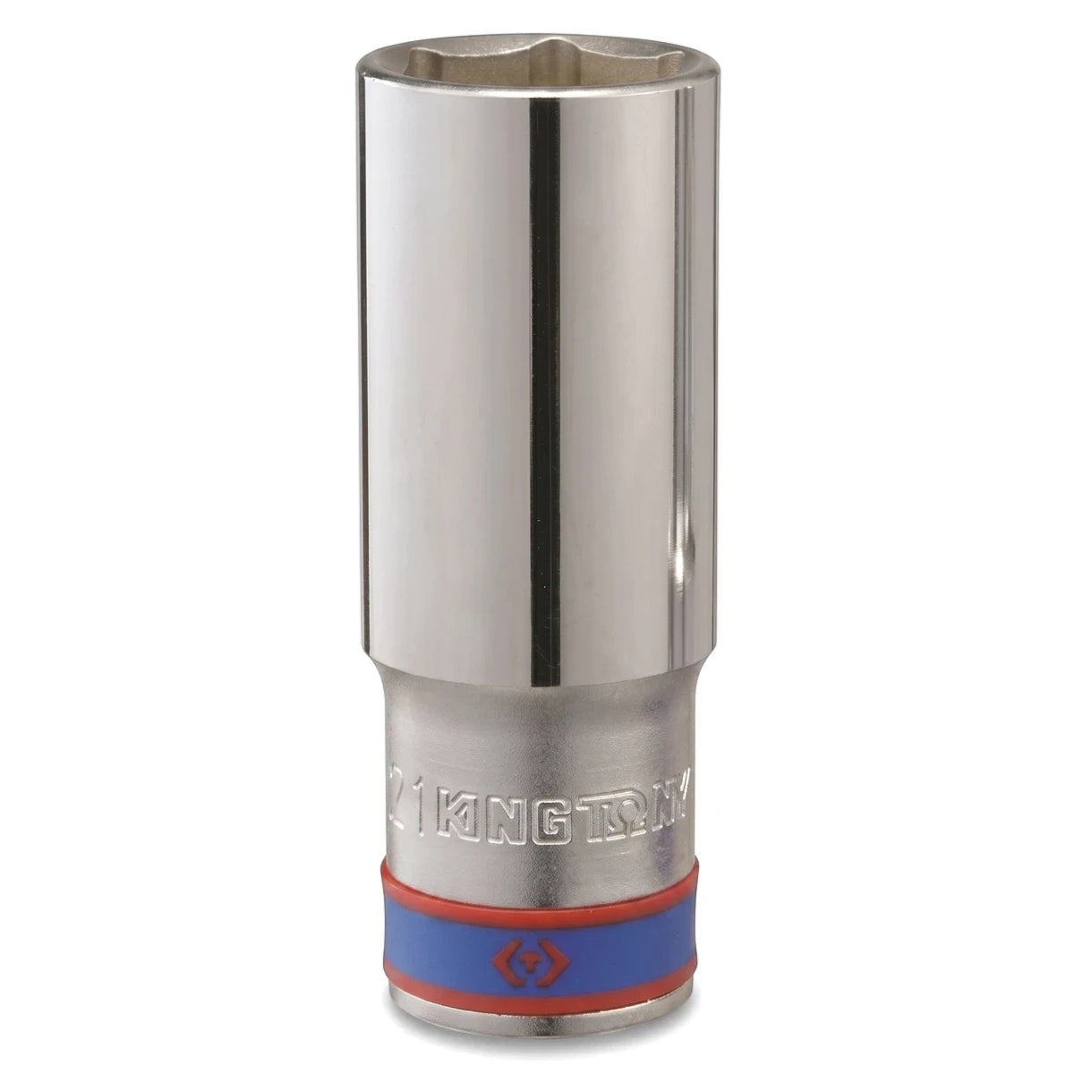 A single 1/2-inch drive 29mm 6-point hex deep socket with a polished chrome finish and blue and red bands.