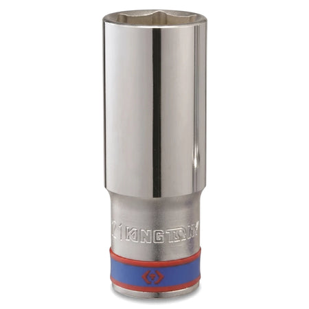 A single 1/2-inch drive 29mm 6-point hex deep socket with a polished chrome finish and blue and red bands.