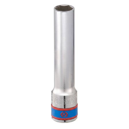 1/2-inch drive 6-point deep hex socket, 13mm, featuring a polished chrome finish and a blue and red indicator band.