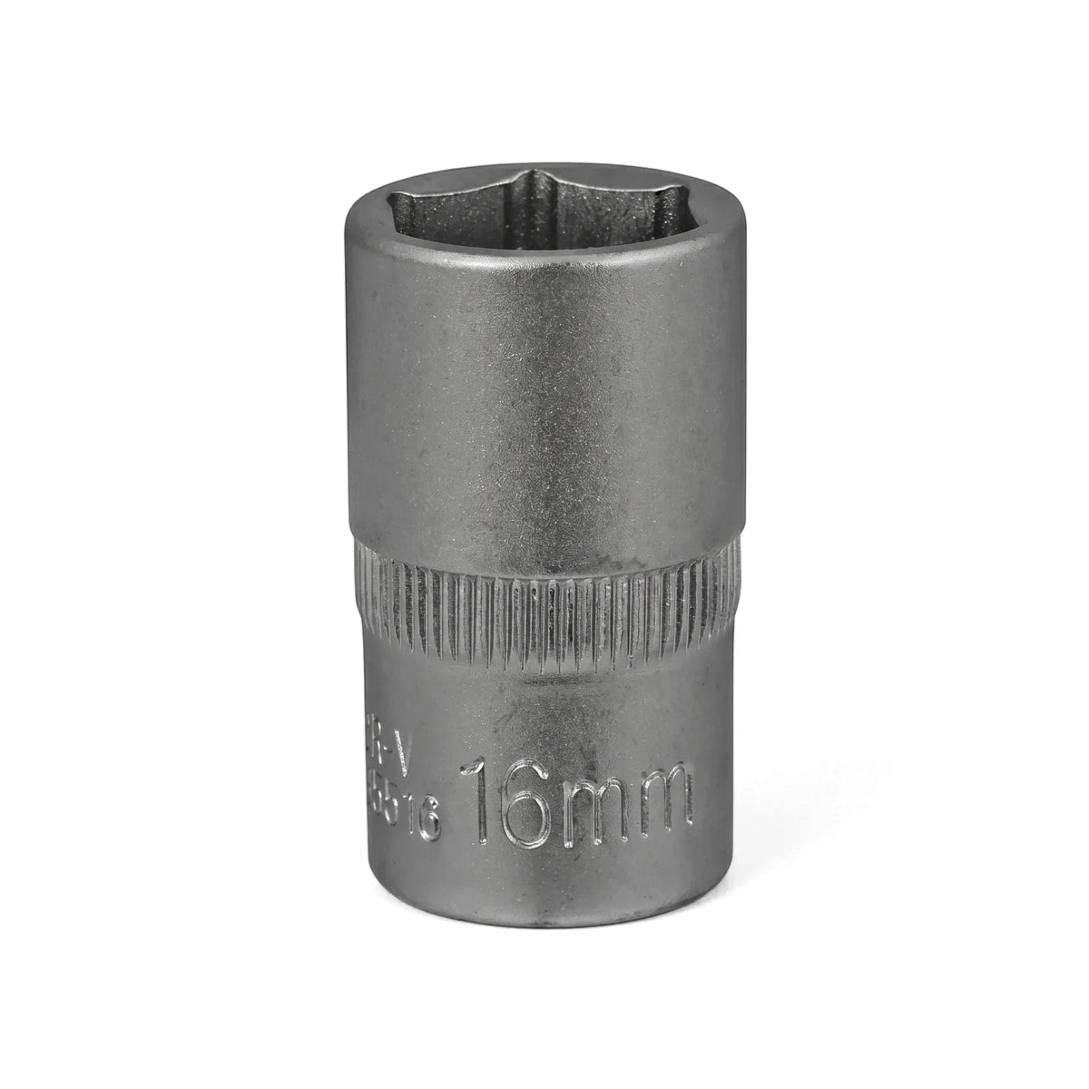 Close-up of a metallic silver-gray 1/2-Inch Drive 6-Point Hex Socket, 16mm, isolated on a white background.
