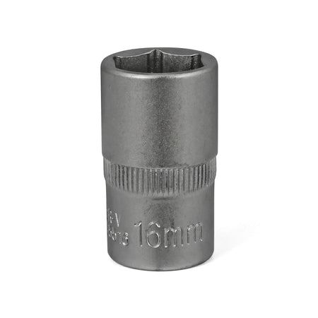 Close-up of a metallic silver-gray 1/2-Inch Drive 6-Point Hex Socket, 16mm, isolated on a white background.