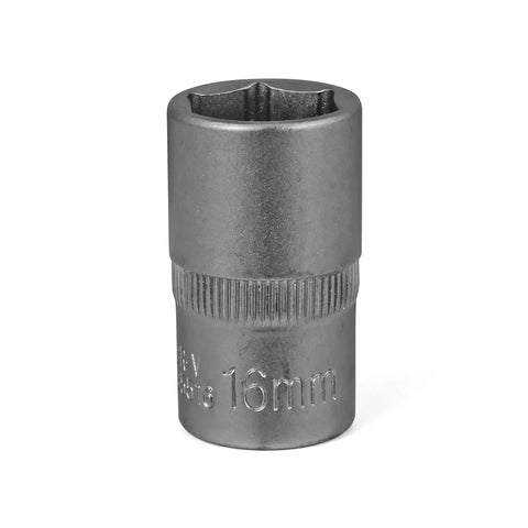 Close-up of a metallic silver-gray 1/2-Inch Drive 6-Point Hex Socket, 16mm, isolated on a white background.