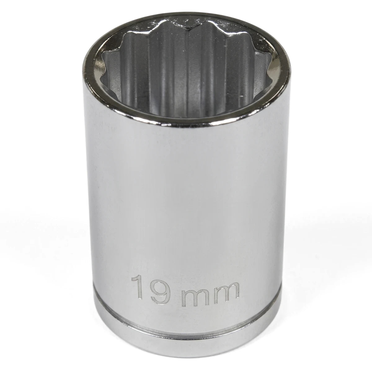 A shiny chrome 1/2-inch drive bi-hex 19mm socket, featuring a 12-point internal spline pattern and size engraving.