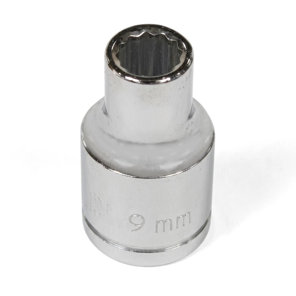 A shiny chrome 1/2-inch drive bi-hex 9mm socket, made of durable metal, stands upright with its 12-point opening visible.