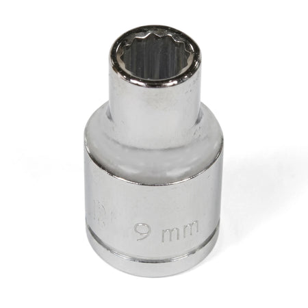 A shiny chrome 1/2-inch drive bi-hex 9mm socket, made of durable metal, stands upright with its 12-point opening visible.