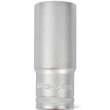 1/2-Inch Drive Deep Socket 24mm in silver chrome finish, deep well design shown in side view.