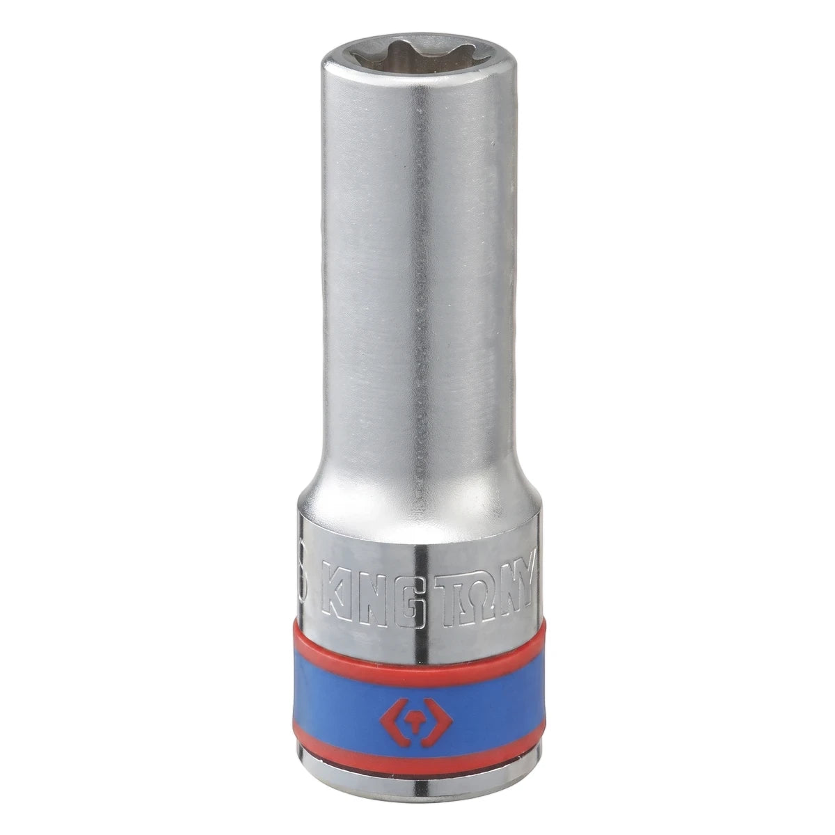Metallic 1/2-inch drive female Torx E22 socket with blue and red banding on a white background, angled view.