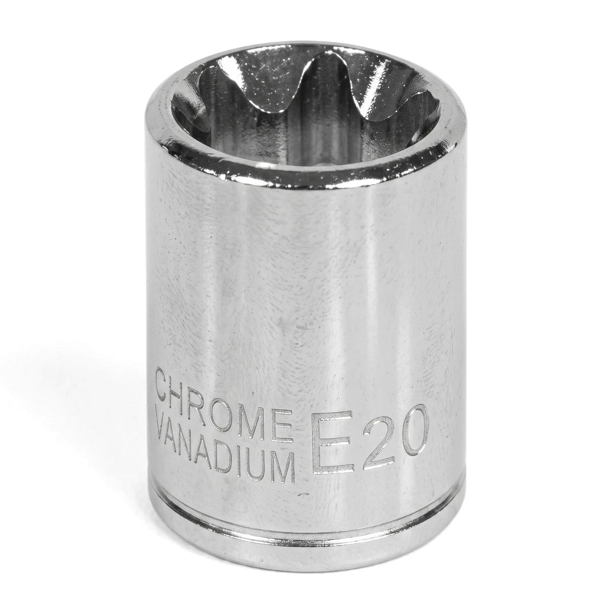 A shiny chrome 1/2-inch drive E20 female Torx socket, designed for specific fastener heads.