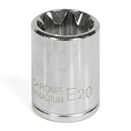 A shiny chrome 1/2-inch drive E20 female Torx socket, designed for specific fastener heads.