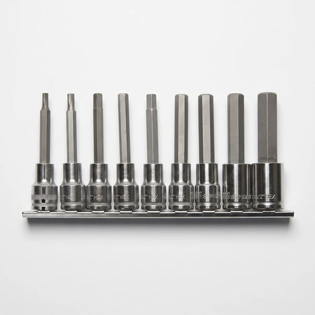 A silver metal 1/2-Inch Drive In-Hex Socket Set featuring nine hex bits organized on a sturdy metal rail.