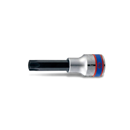 1/2-inch drive long male Torx socket M12, featuring a black bit and a silver body with blue and red branding, displayed