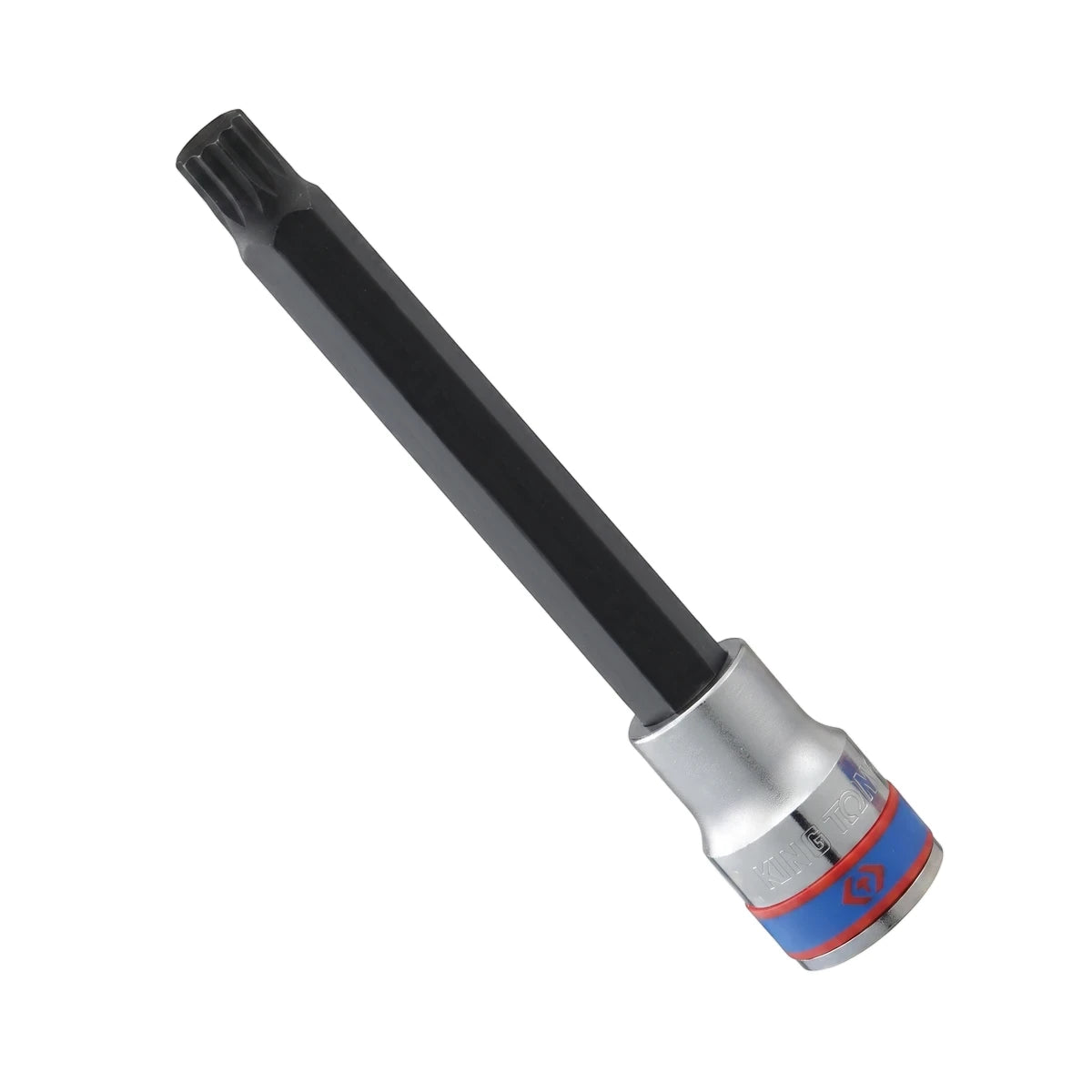 1/2-inch drive long male Torx socket M8 with a black shaft and silver base, featuring blue and red details in an angled view.