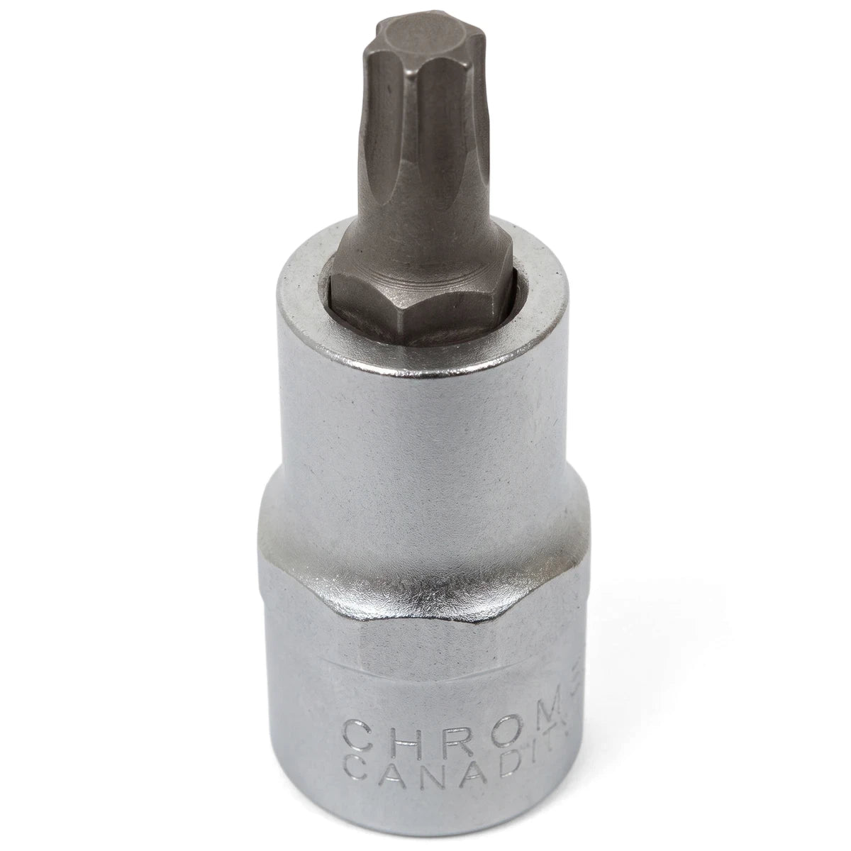Silver 1/2-inch drive male Torx socket, T50 size, for various fastening and loosening tasks, shown vertically.