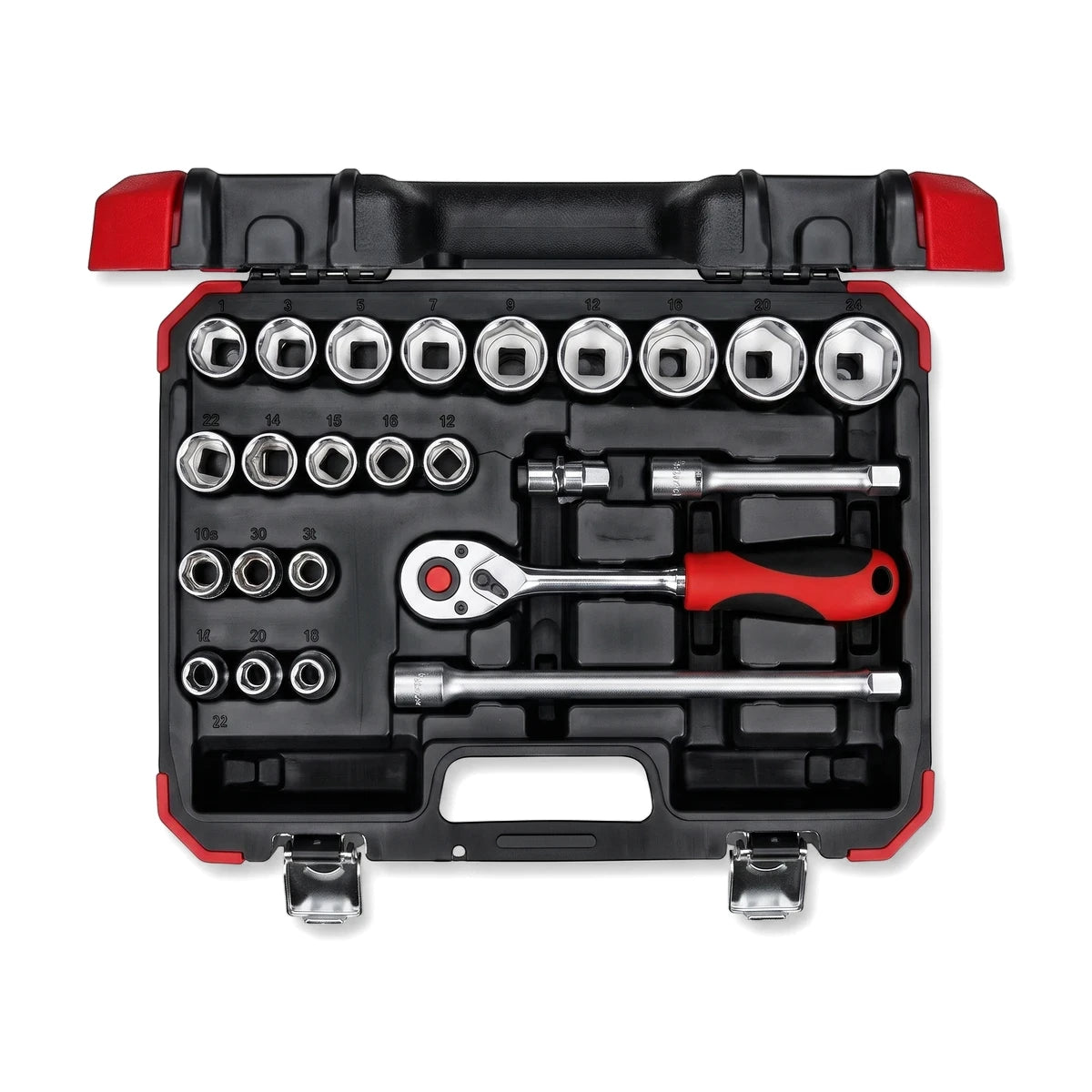 1/2-Inch Drive Metric Socket Set (24-Piece) open, displaying organized chrome sockets, a red-handled ratchet, and various