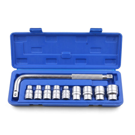 1/2-Inch Drive Socket Set with 10 pieces, including an L-handle wrench and various size sockets, displayed in an open blue