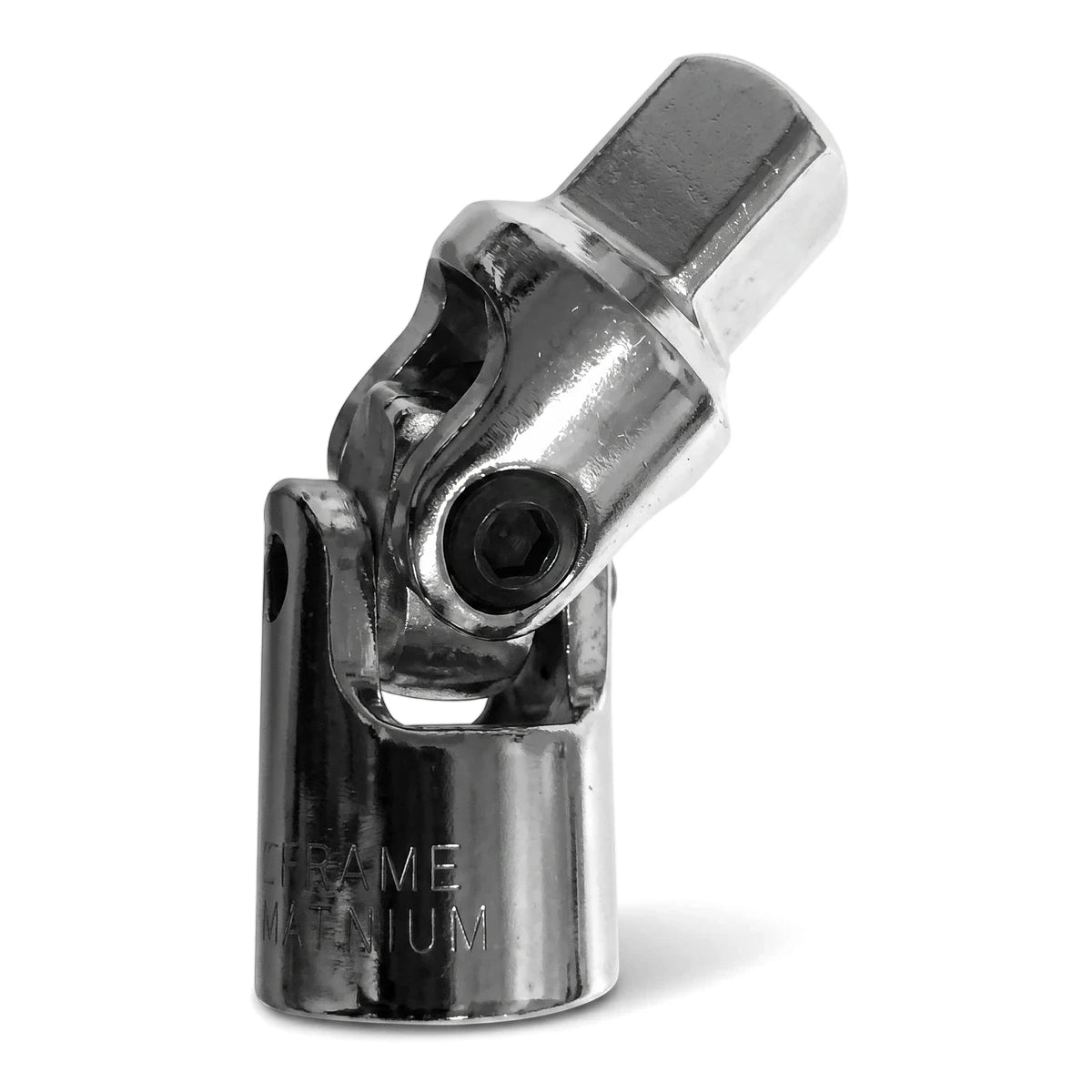 Shiny chrome 1/2-inch drive universal joint, a durable metal tool for improved access in tight spaces.