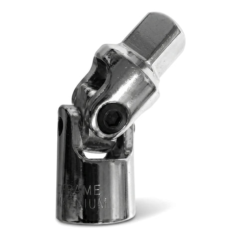 Shiny chrome 1/2-inch drive universal joint, a durable metal tool for improved access in tight spaces.