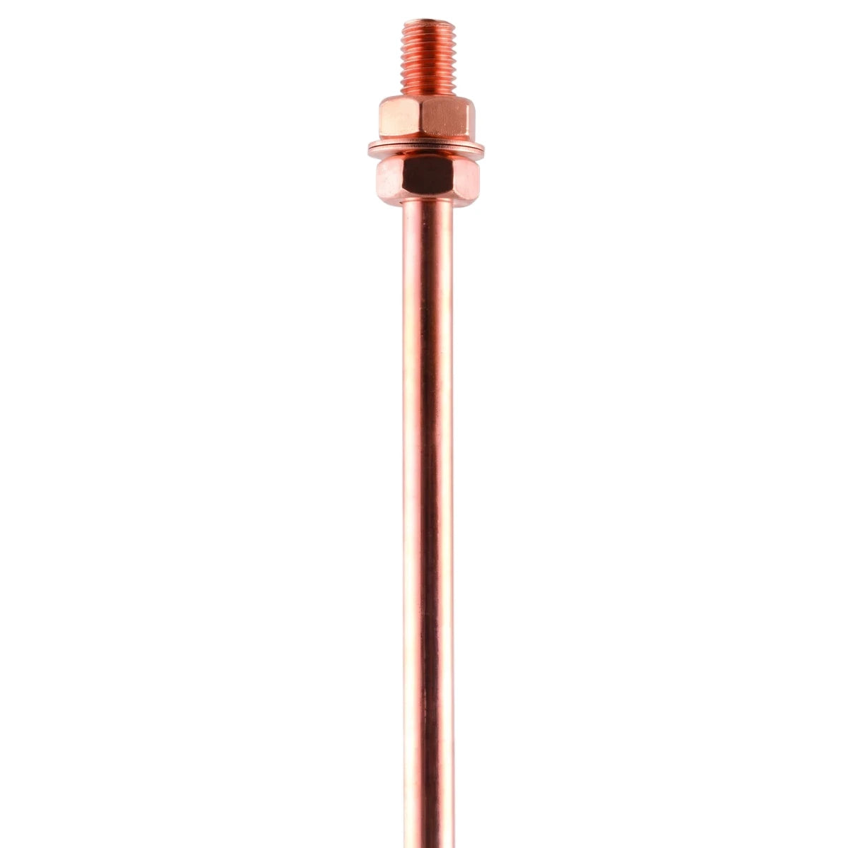 Copper earth spike with threaded top and clamp, shown vertically, used for grounding systems.