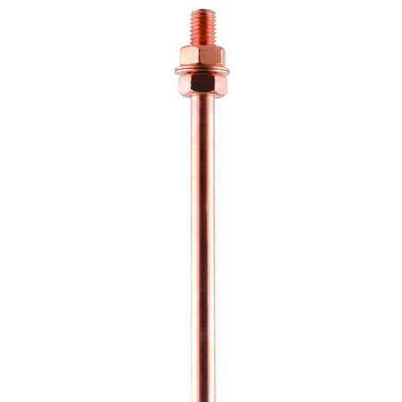 Copper earth spike with threaded top and clamp, shown vertically, used for grounding systems.