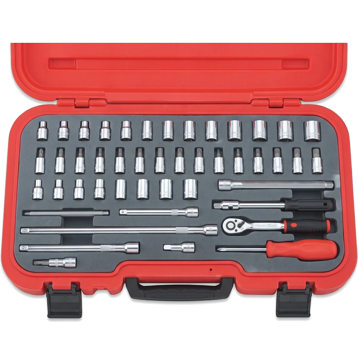 46-piece 1/4-inch drive metric/AF socket set displayed open in its red hinged storage case, showing various tools.