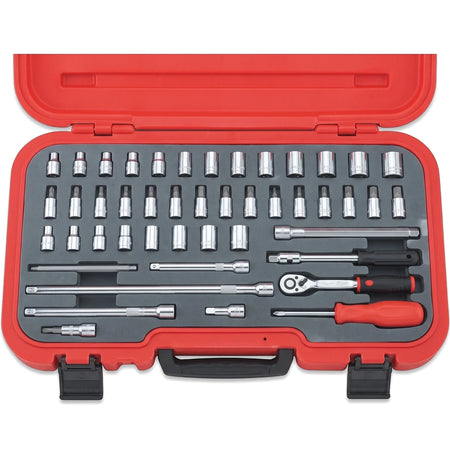 46-piece 1/4-inch drive metric/AF socket set displayed open in its red hinged storage case, showing various tools.