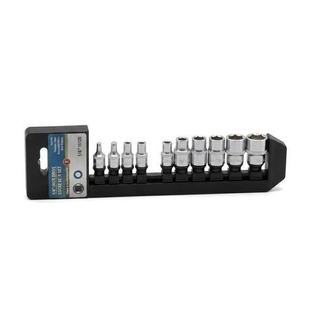 10-piece 1/4-inch drive socket set in chrome finish on a black rail, displayed horizontally for hand tool tasks.