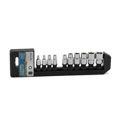 10-piece 1/4-inch drive socket set in chrome finish on a black rail, displayed horizontally for hand tool tasks.