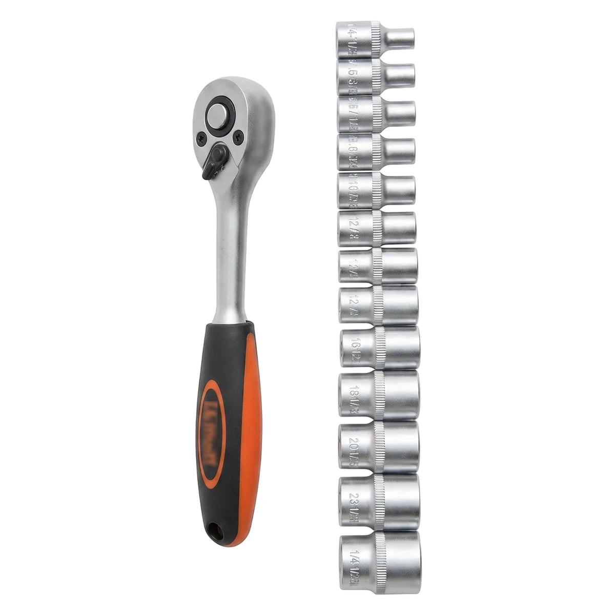 Full view of a 14-piece 1/4-inch drive socket set featuring a chrome ratchet with a black and orange handle and assorted