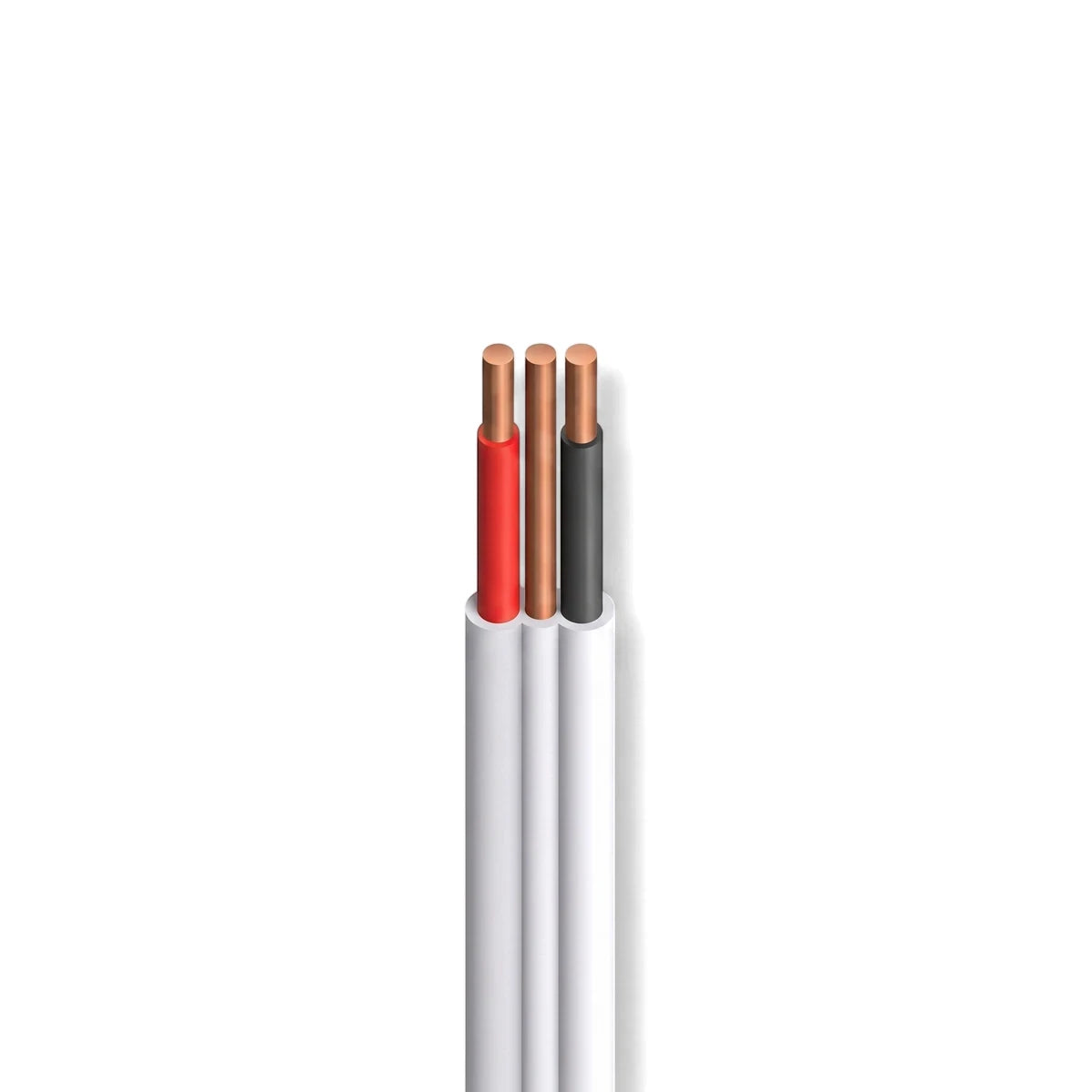 1.5mm flat twin and earth electrical wire with red, bare copper, and black conductors, cropped vertically.