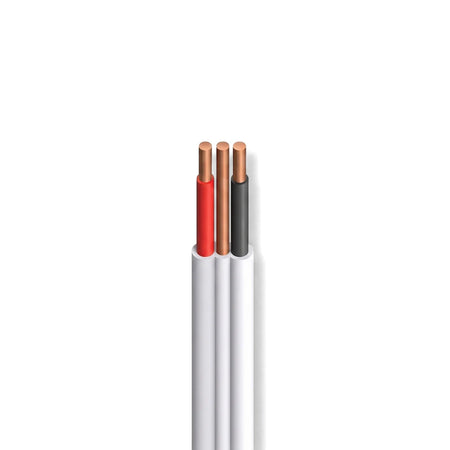 1.5mm flat twin and earth electrical wire with red, bare copper, and black conductors, cropped vertically.