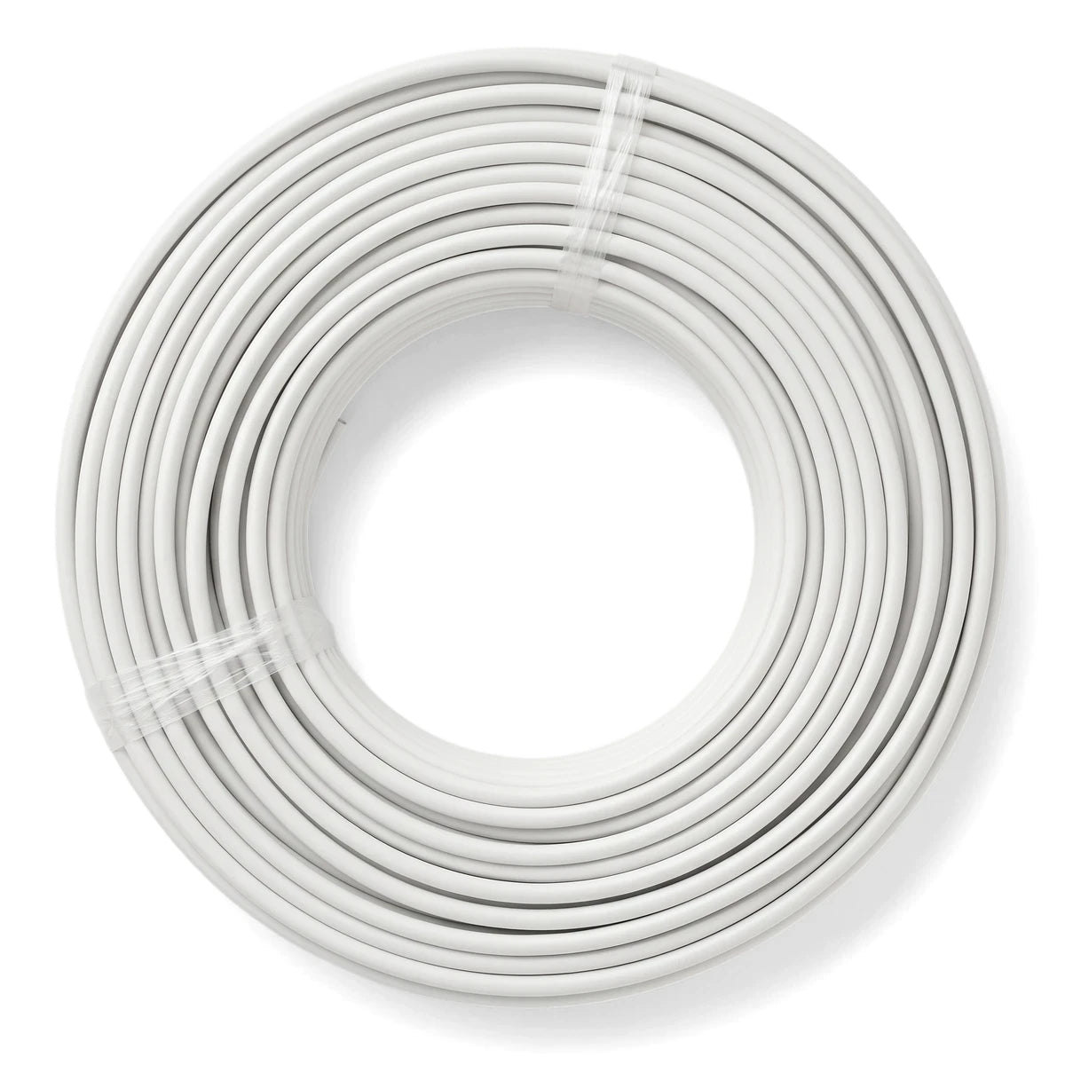 Coiled white 1.5mm Flat Twin And Earth 50M electrical wire and cable, neatly bundled and ready for use.