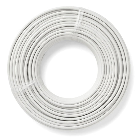 Coiled white 1.5mm Flat Twin And Earth 50M electrical wire and cable, neatly bundled and ready for use.