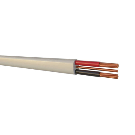 1.5mm flat twin and earth electrical cable featuring a cream-white sheath with exposed red and black copper conductors.