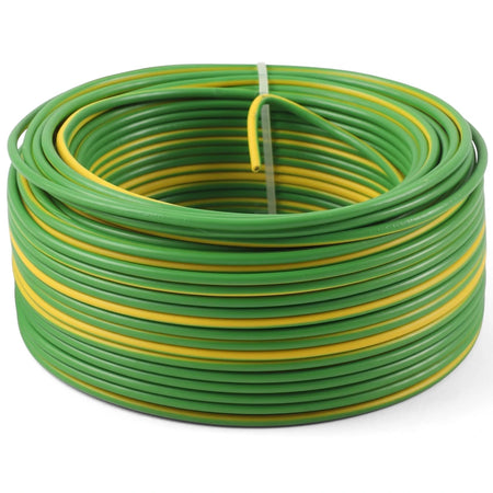 Coiled 1.5mm Gp electrical wire in green and yellow colors, neatly tied, showcasing its texture and flexible design.