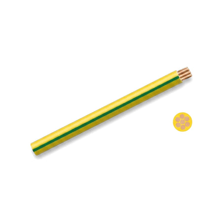 1.5mm GP electrical wire in green and yellow, showing its insulated exterior and exposed copper strands.