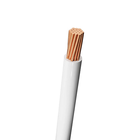 Close-up of a 1.5mm GP electrical wire with white insulation and visible exposed copper strands, indicating its internal