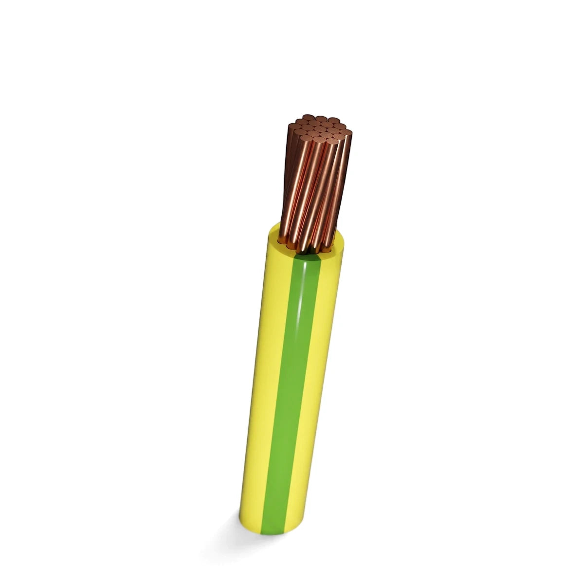 A single electrical wire with yellow insulation and a green stripe, exposing twisted copper strands at the top end, shown