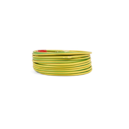 Coiled 1.5mm green and yellow electrical GP wire, 5 meters in length, for various electrical applications.