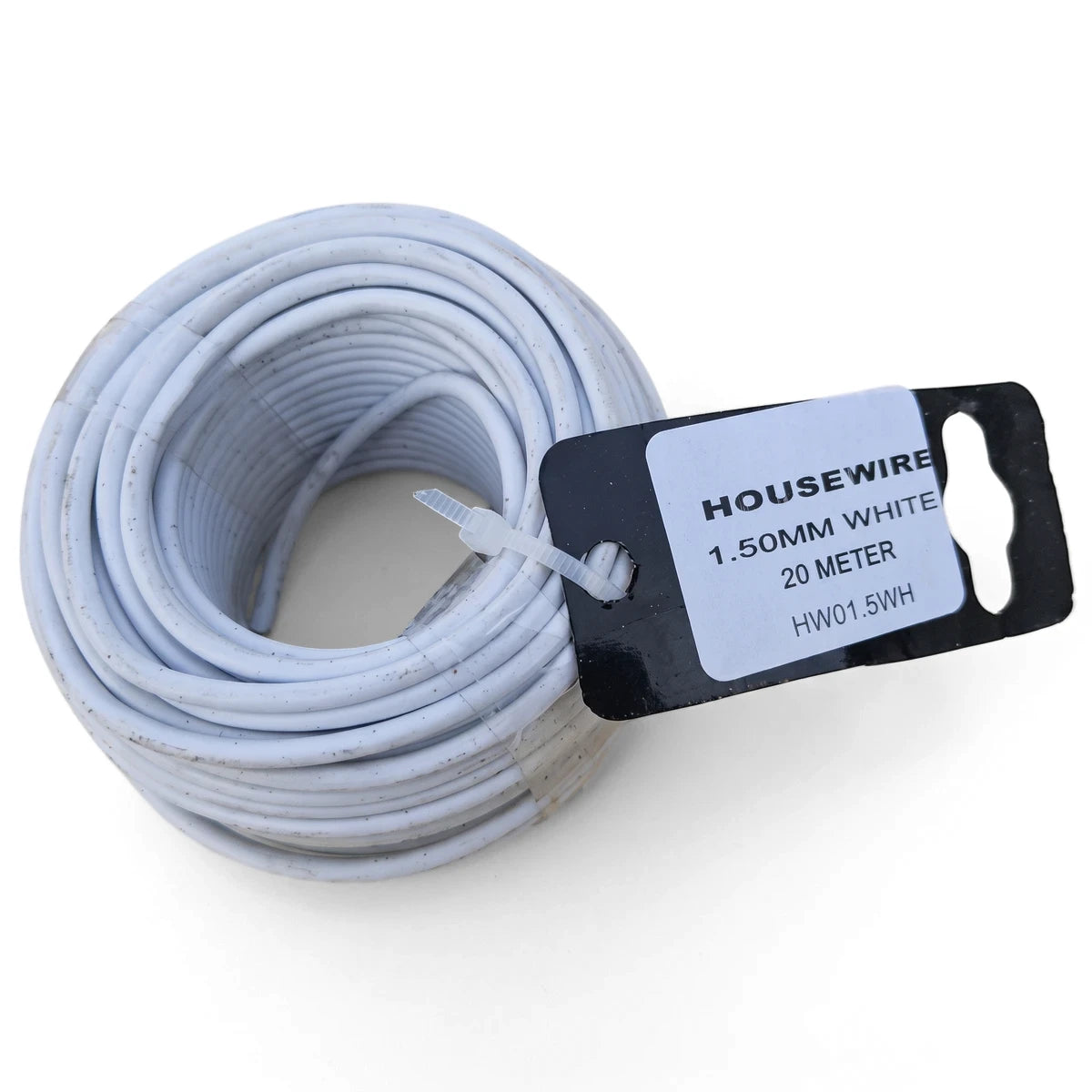 A coiled 1.5mm white electrical wire, 20 meters long, with a black and white Housewire product tag.