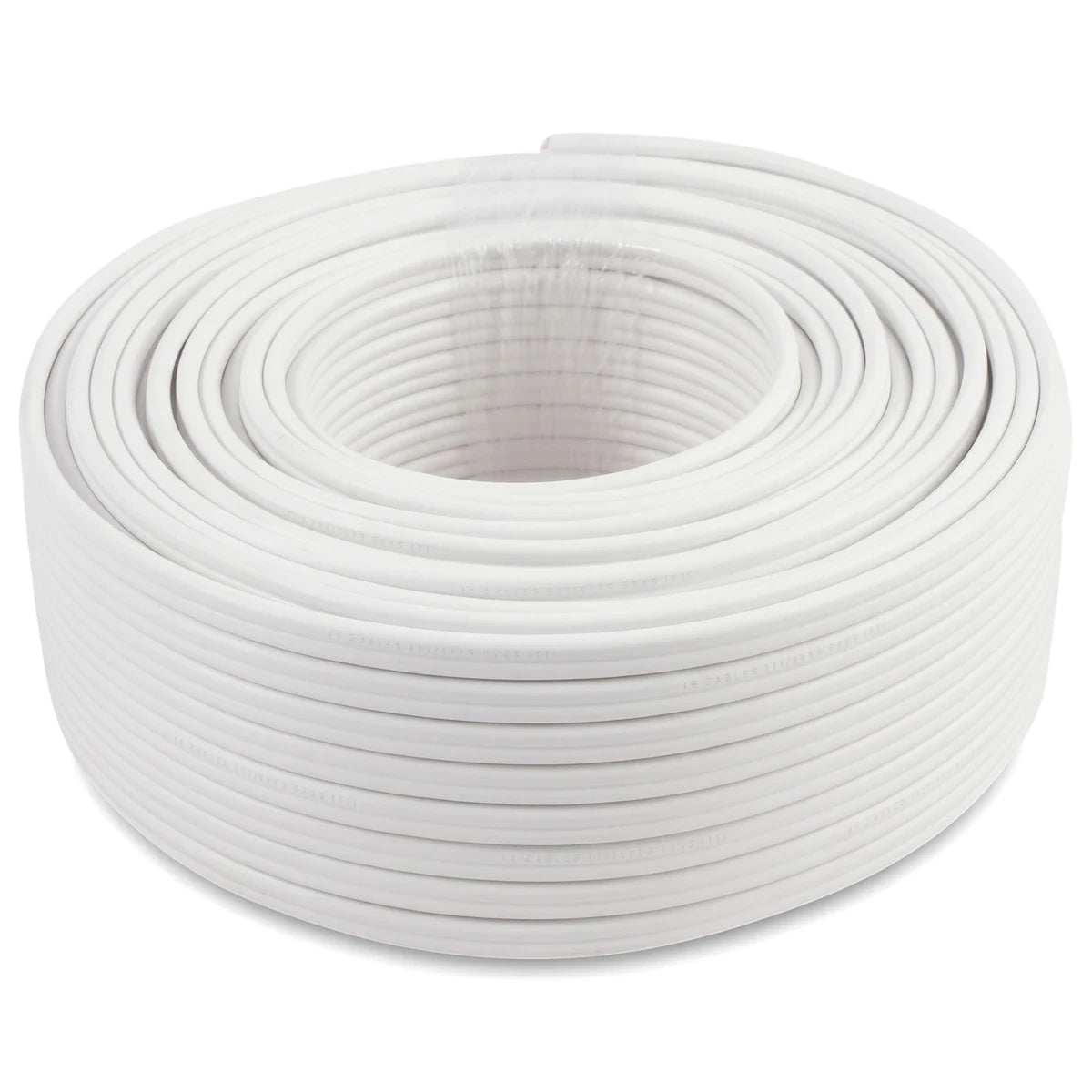 A neatly coiled bundle of 1.5mm white flat twin and earth electrical wire, presented in a compact roll.