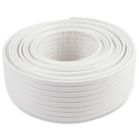 A neatly coiled bundle of 1.5mm white flat twin and earth electrical wire, presented in a compact roll.